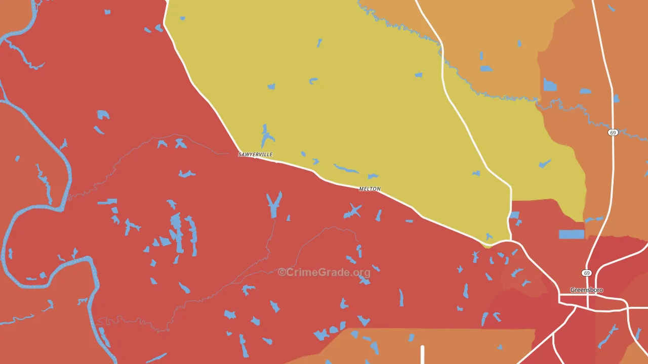 Sawyerville, AL Map of Robbery Rates