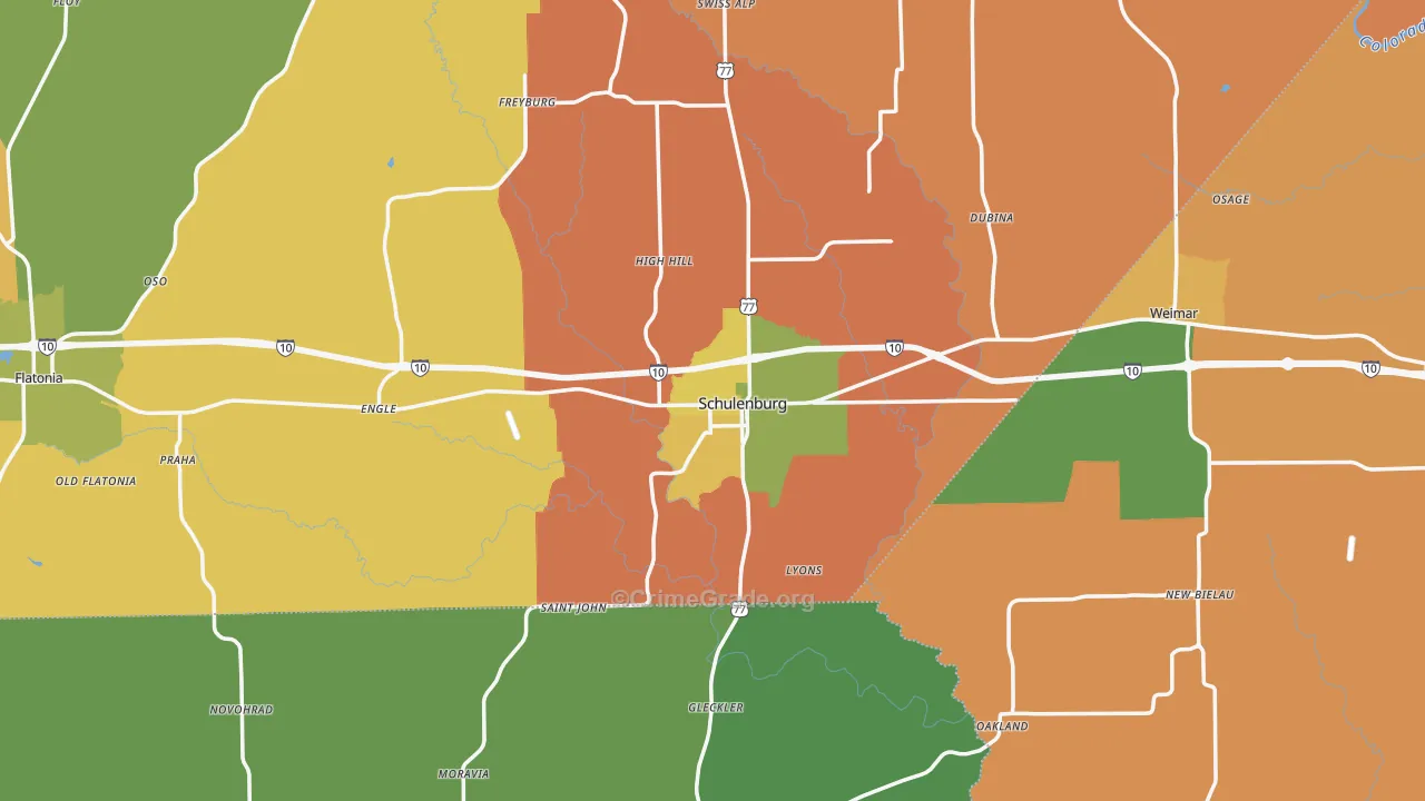 Schulenburg, TX Map of Robbery Rates