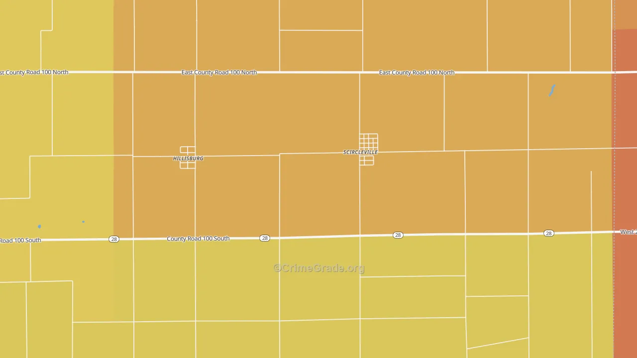 Scircleville, IN Map of Robbery Rates