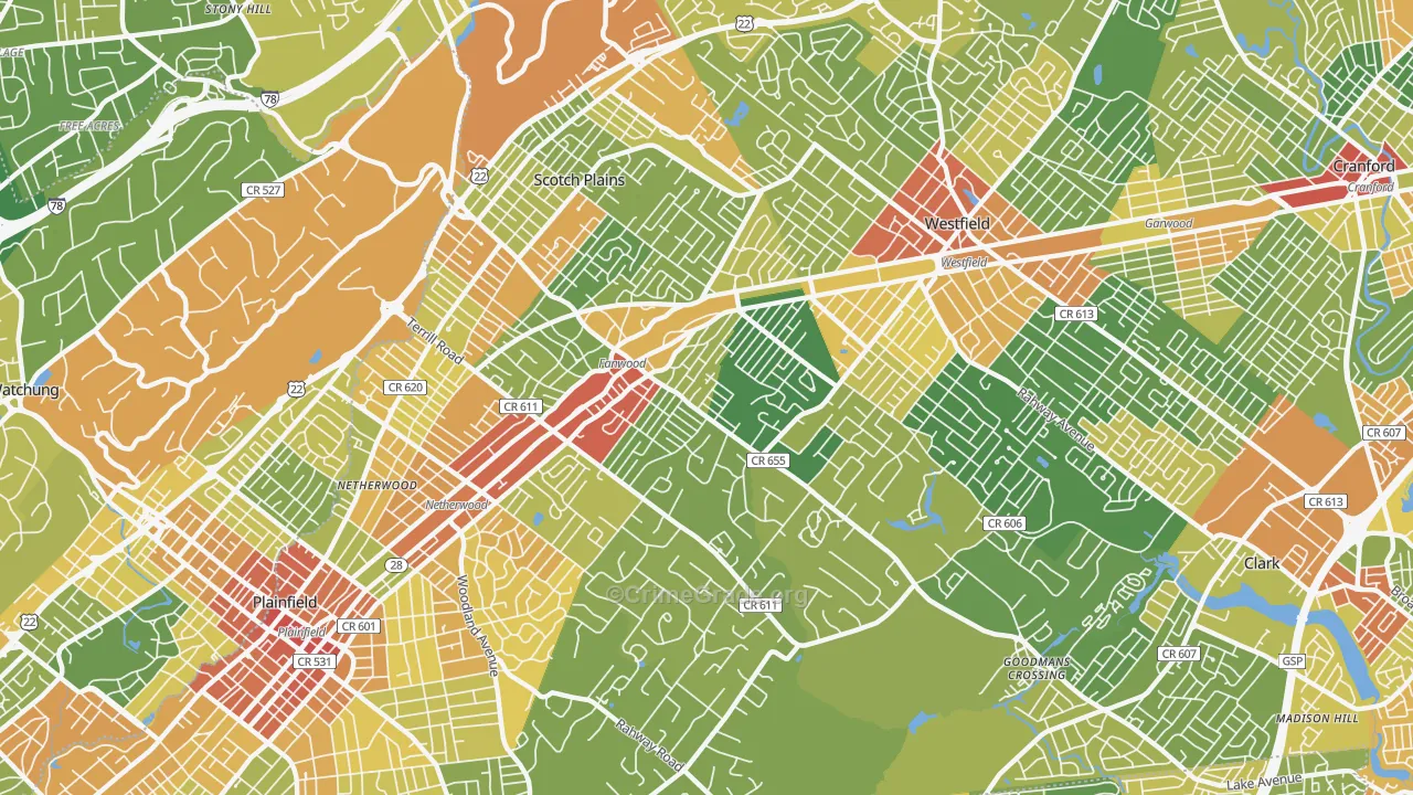 Scotch Plains, NJ Map of Robbery Rates