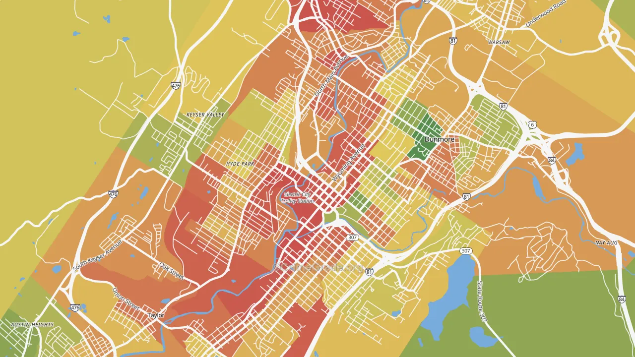 Scranton, PA Map of Robbery Rates