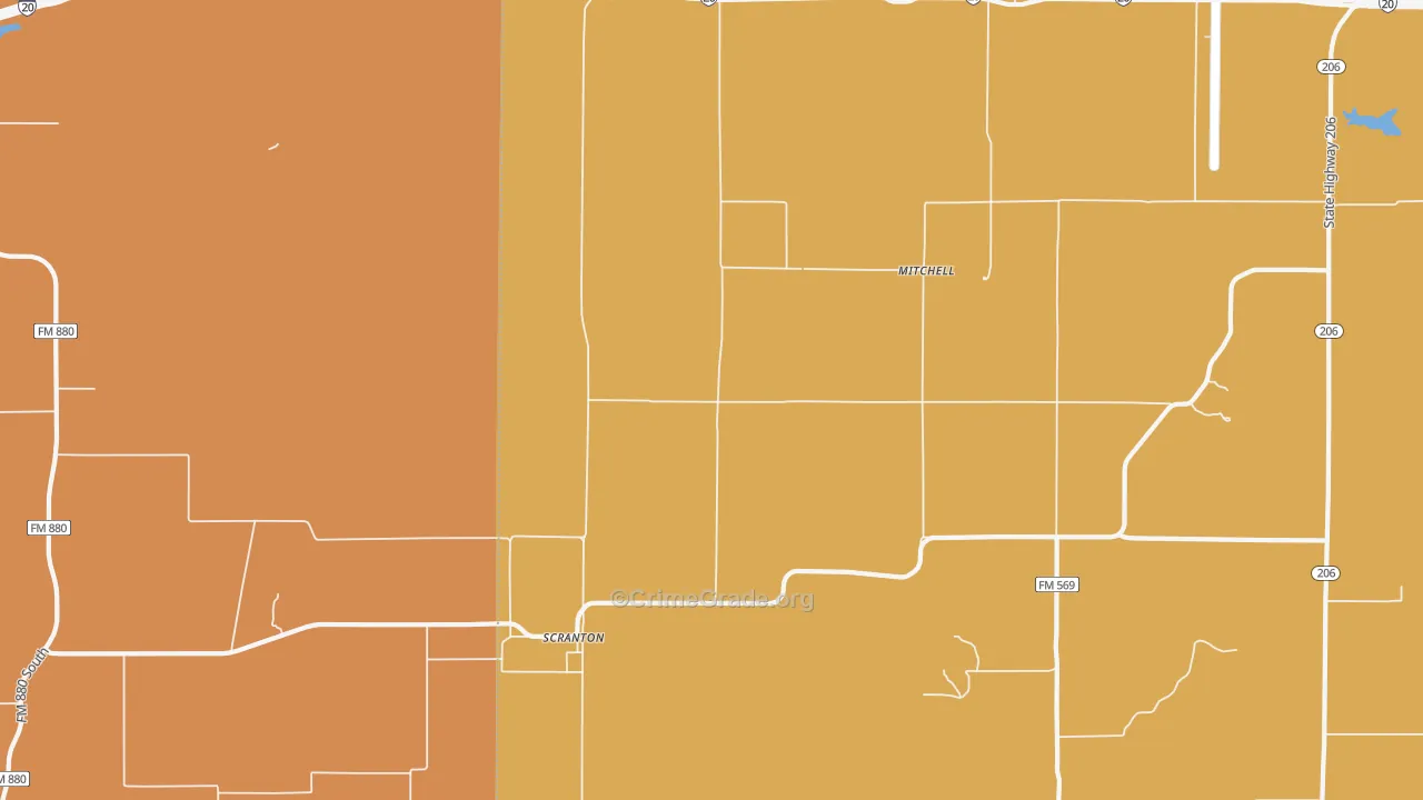 Scranton, TX Map of Robbery Rates