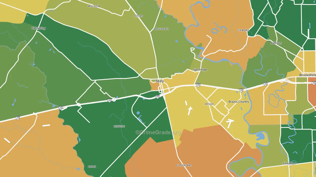 Sealy, TX Map of Robbery Rates