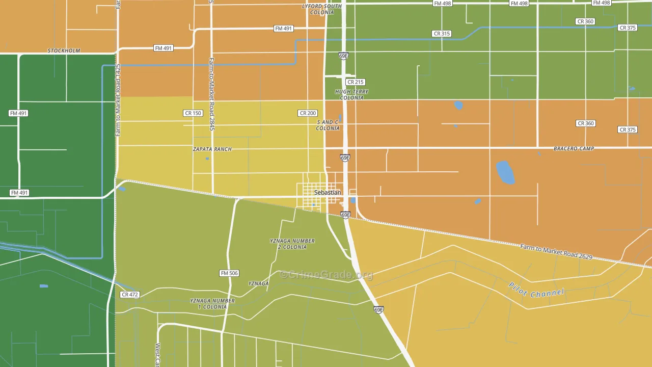 Sebastian, TX Map of Robbery Rates
