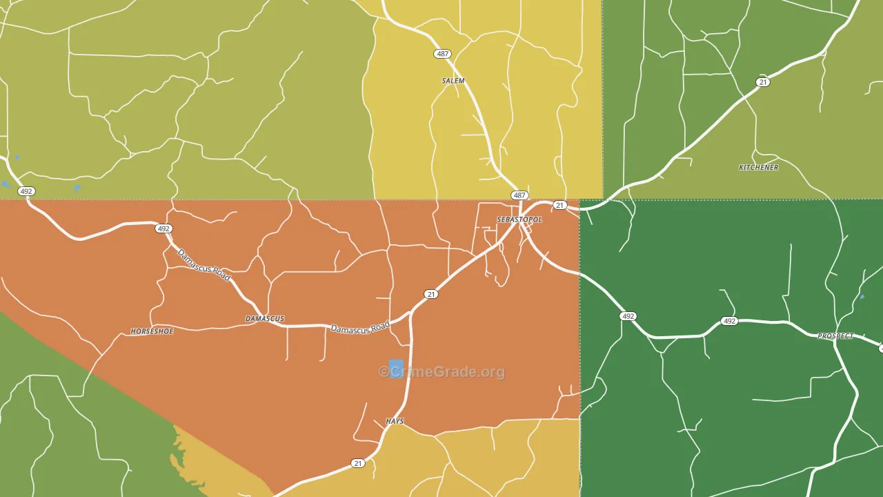 Sebastopol, MS Map of Robbery Rates