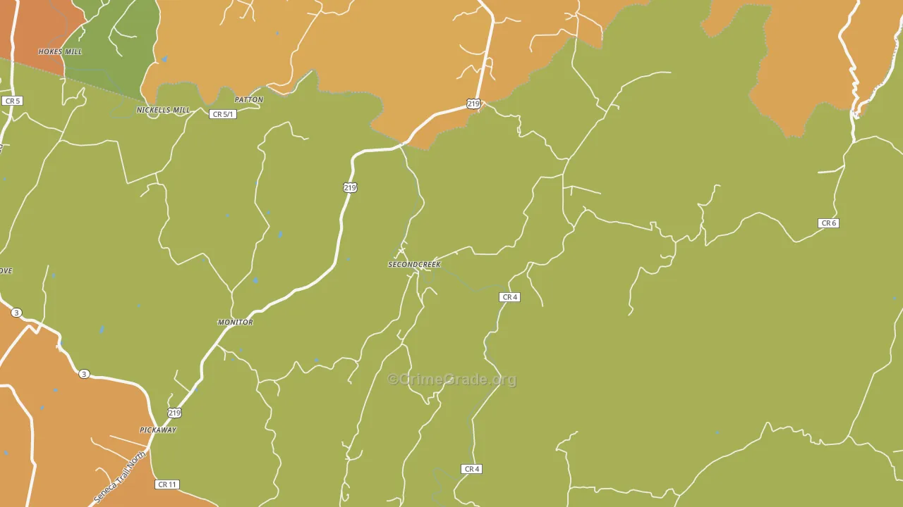 Secondcreek, WV Map of Robbery Rates