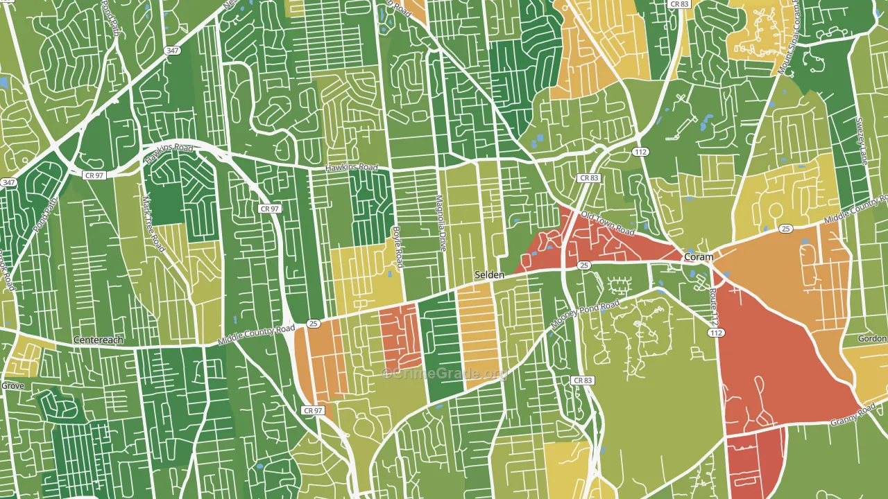 Selden, NY Map of Robbery Rates