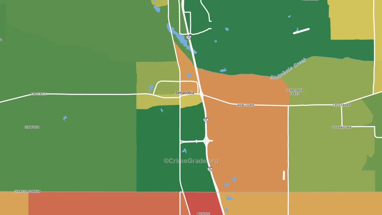 Senatobia, MS Map of Robbery Rates