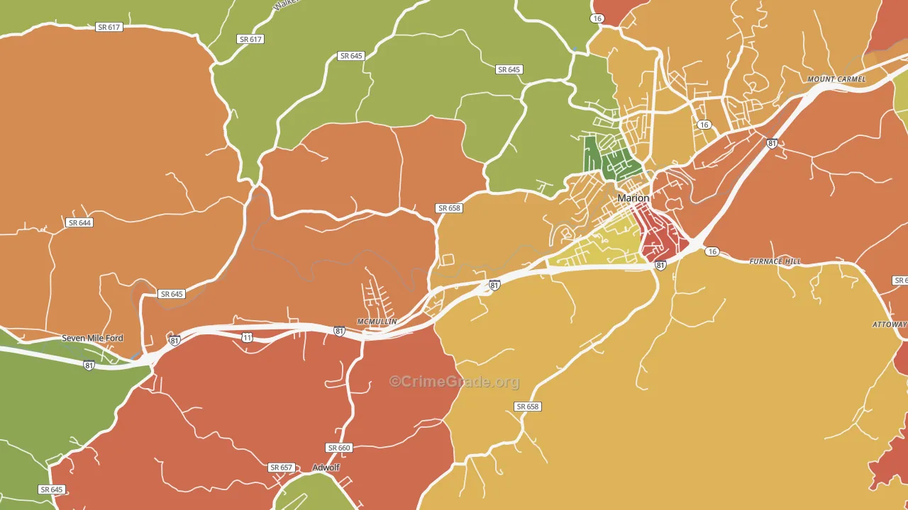 Seven Mile Ford, VA Map of Robbery Rates