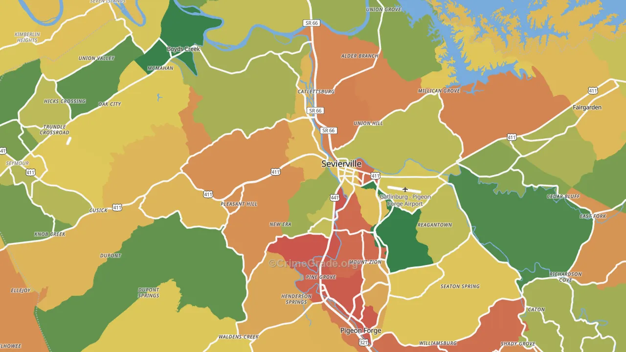 Sevier County, TN Map of Robbery Rates