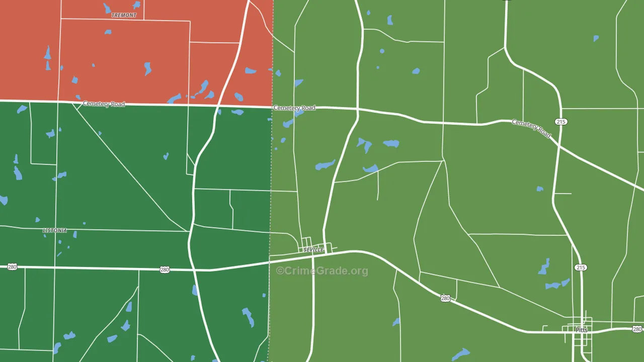 Seville, GA Map of Robbery Rates