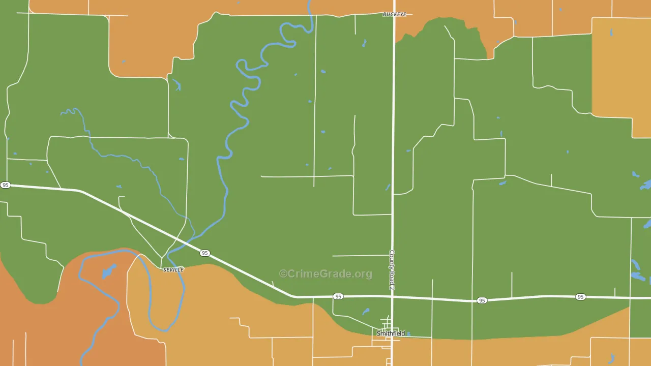 Seville, IL Map of Robbery Rates