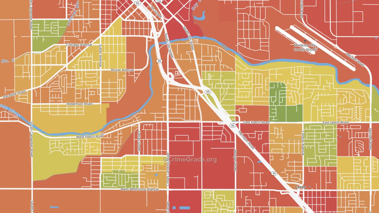 Shackelford, Modesto, CA Map of Robbery Rates