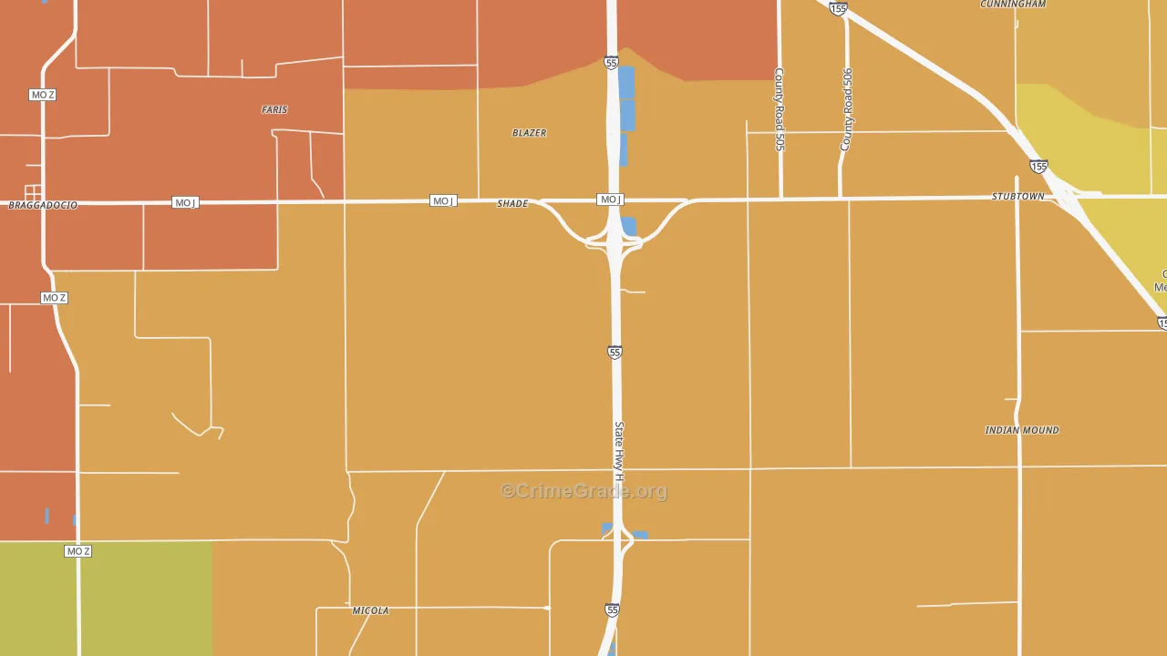 Shade, MO Map of Robbery Rates