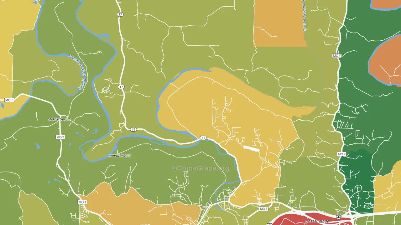 Shady Grove, MO Map of Robbery Rates