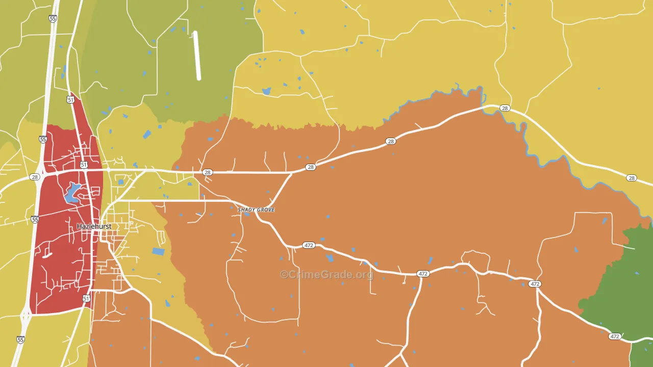 Shady Grove, MS Map of Robbery Rates