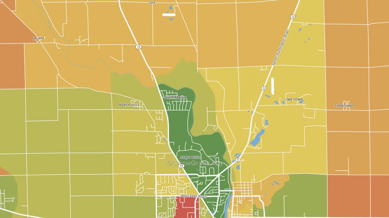Shady Hills, IN Map of Robbery Rates
