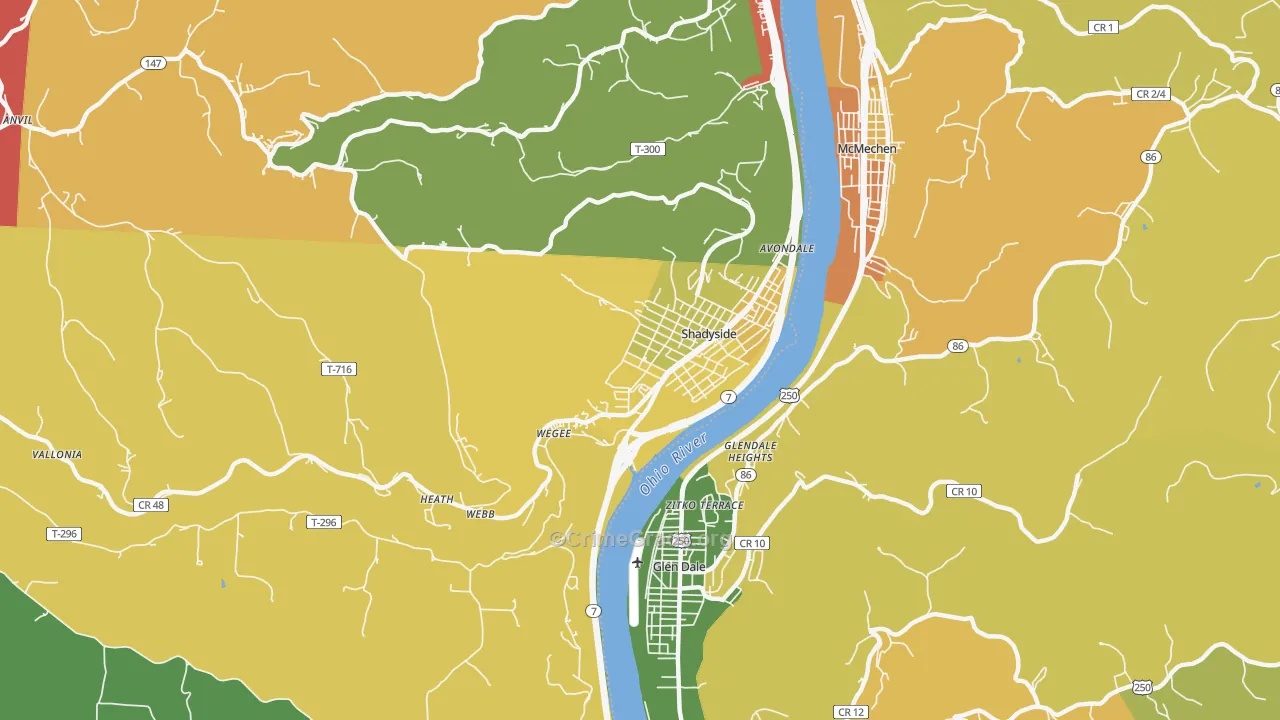 Shadyside, OH Map of Robbery Rates