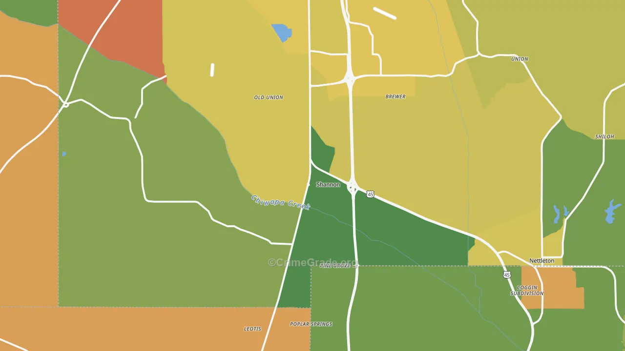 Shannon, MS Map of Robbery Rates