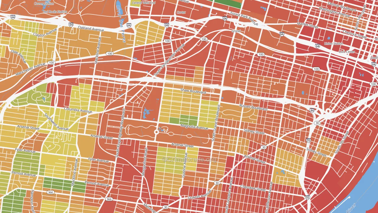 Shaw, St. Louis, MO Map of Robbery Rates