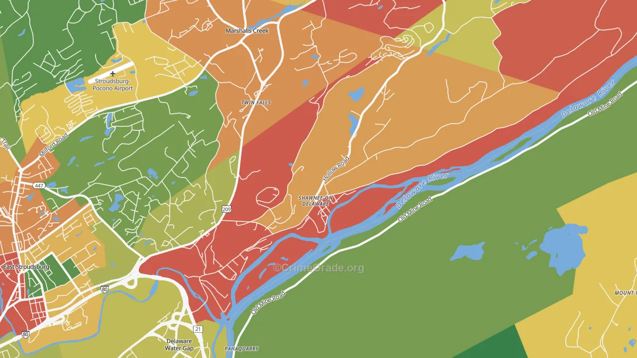 Shawnee On Delaware, PA Map of Robbery Rates