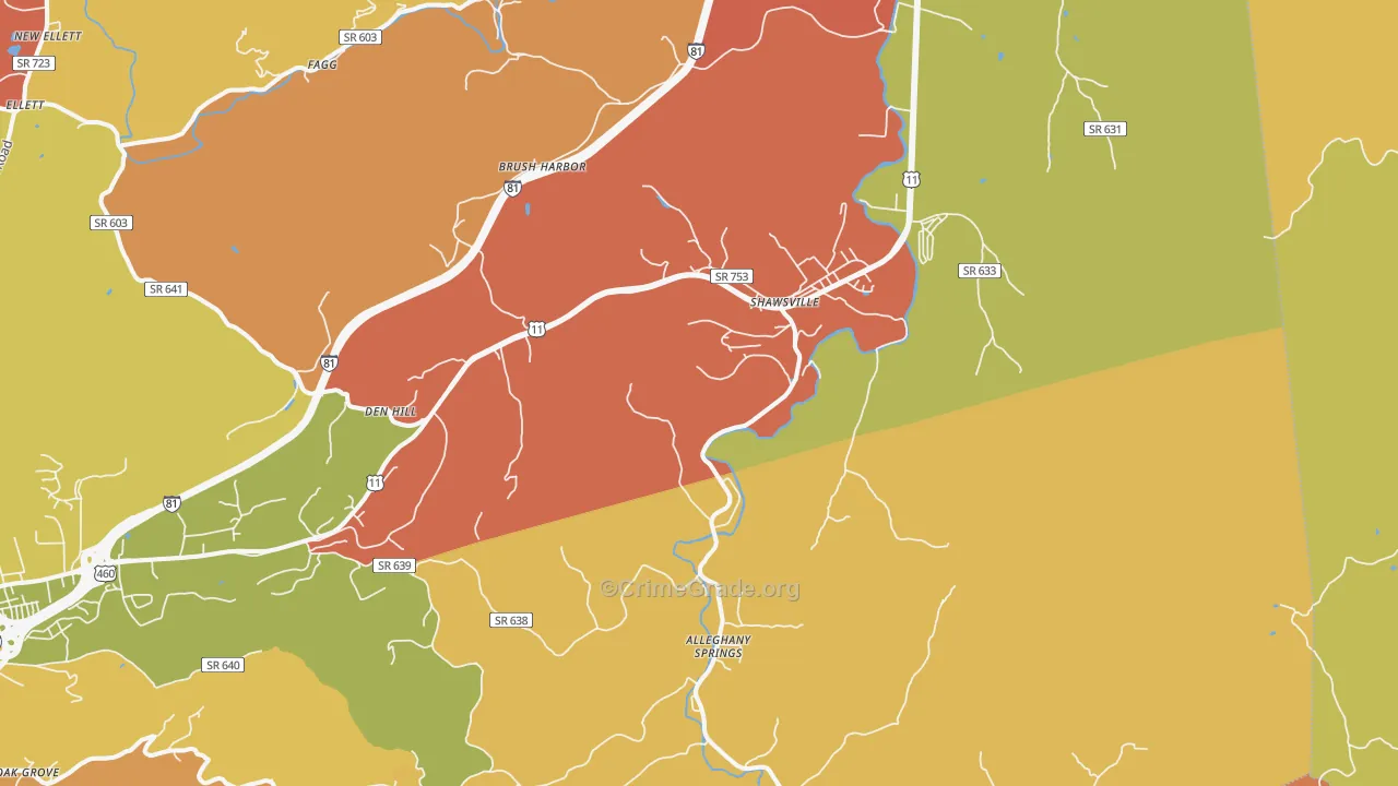 Shawsville, VA Map of Robbery Rates
