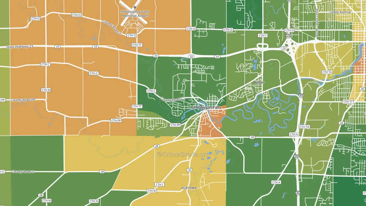 Sheboygan Falls, WI Map of Robbery Rates
