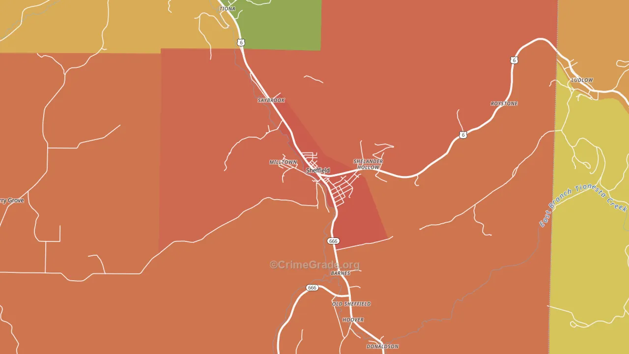 Sheffield, PA Map of Robbery Rates
