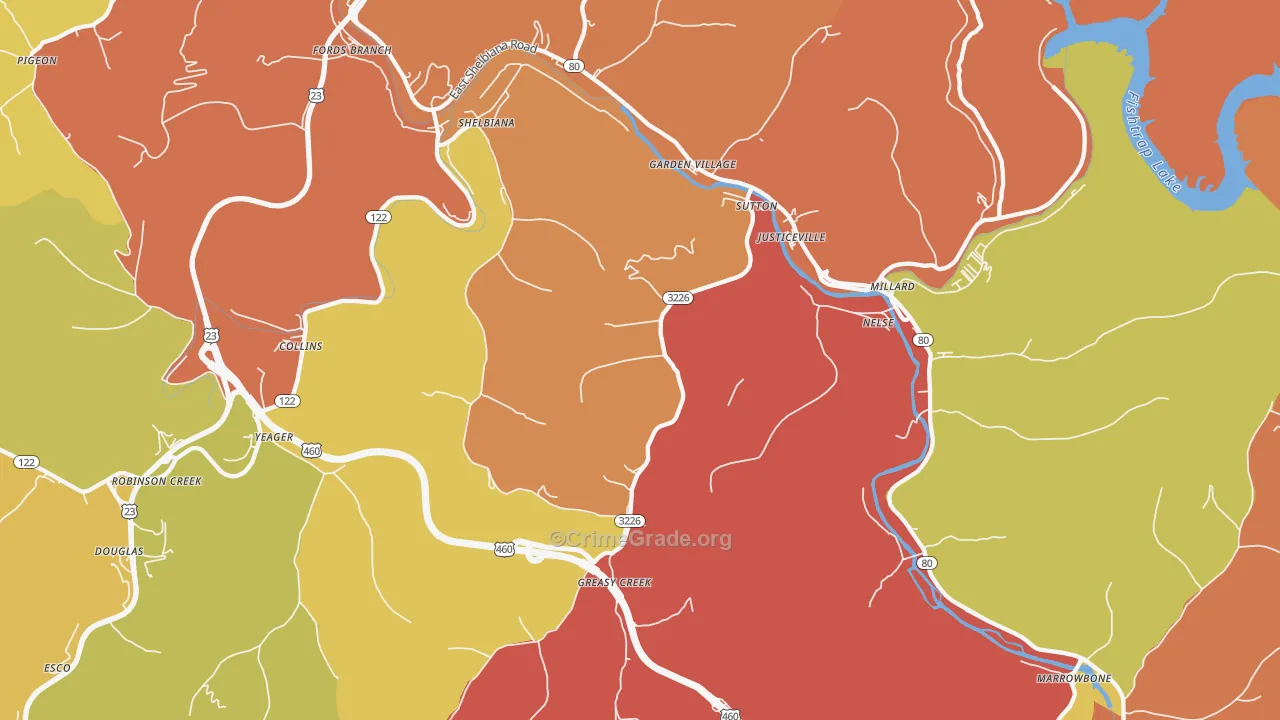 Shelbiana, KY Map of Robbery Rates