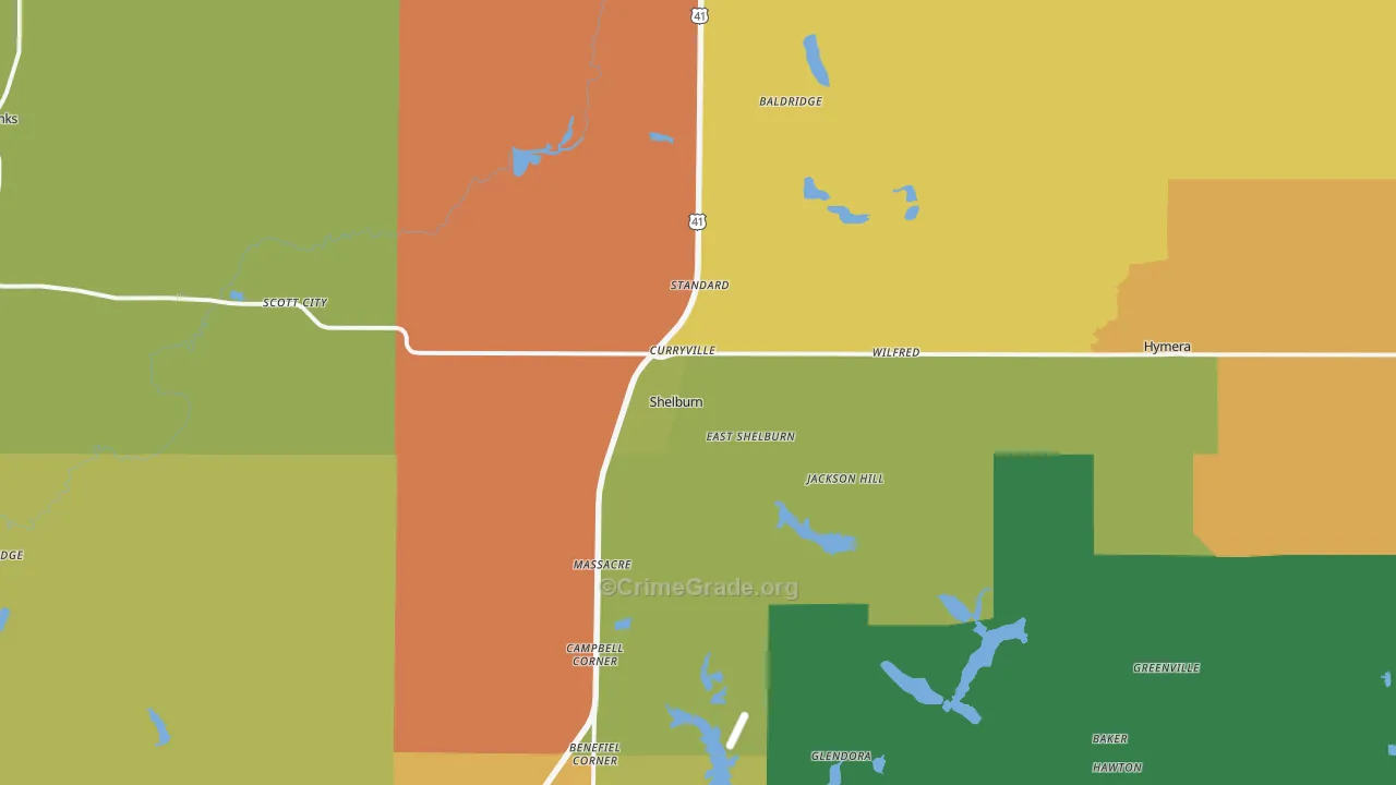 Shelburn, IN Map of Robbery Rates