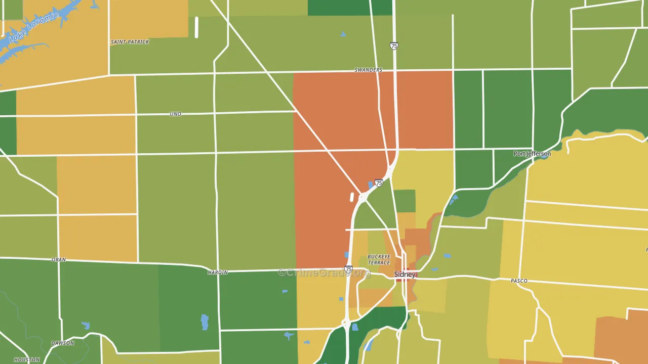 Shelby County, OH Map of Robbery Rates