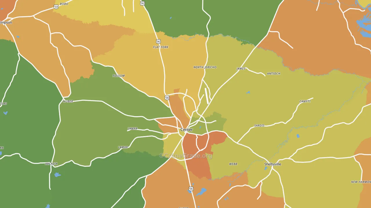 Shelby County, TX Map of Robbery Rates