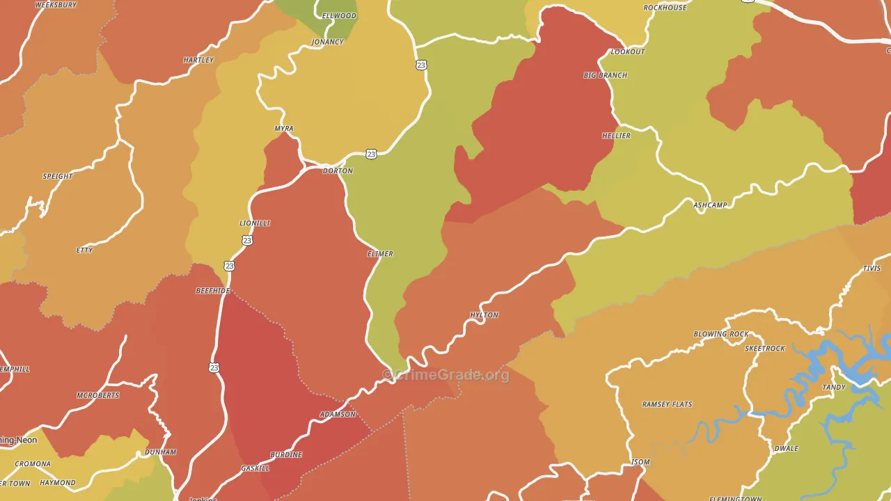 Shelby Gap, KY Map of Robbery Rates