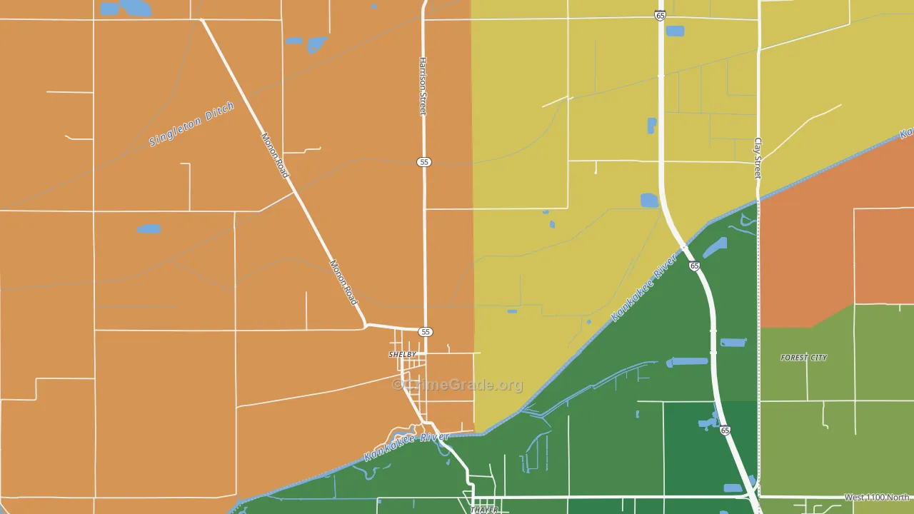 Shelby, IN Map of Robbery Rates