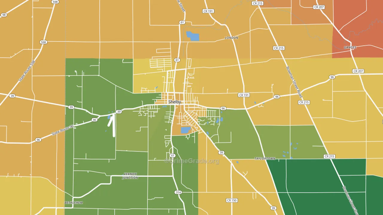 Shelby, OH Map of Robbery Rates
