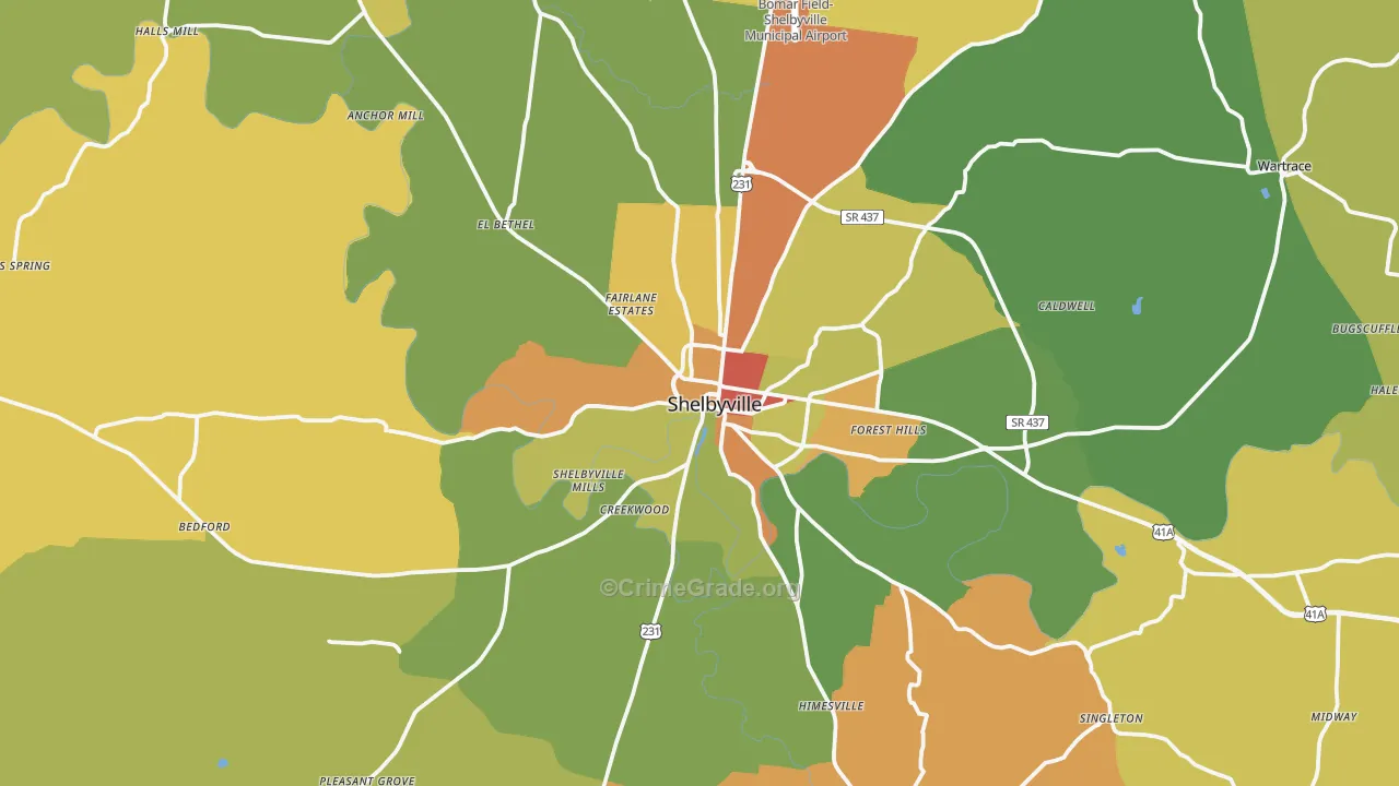 Shelbyville, TN Map of Robbery Rates