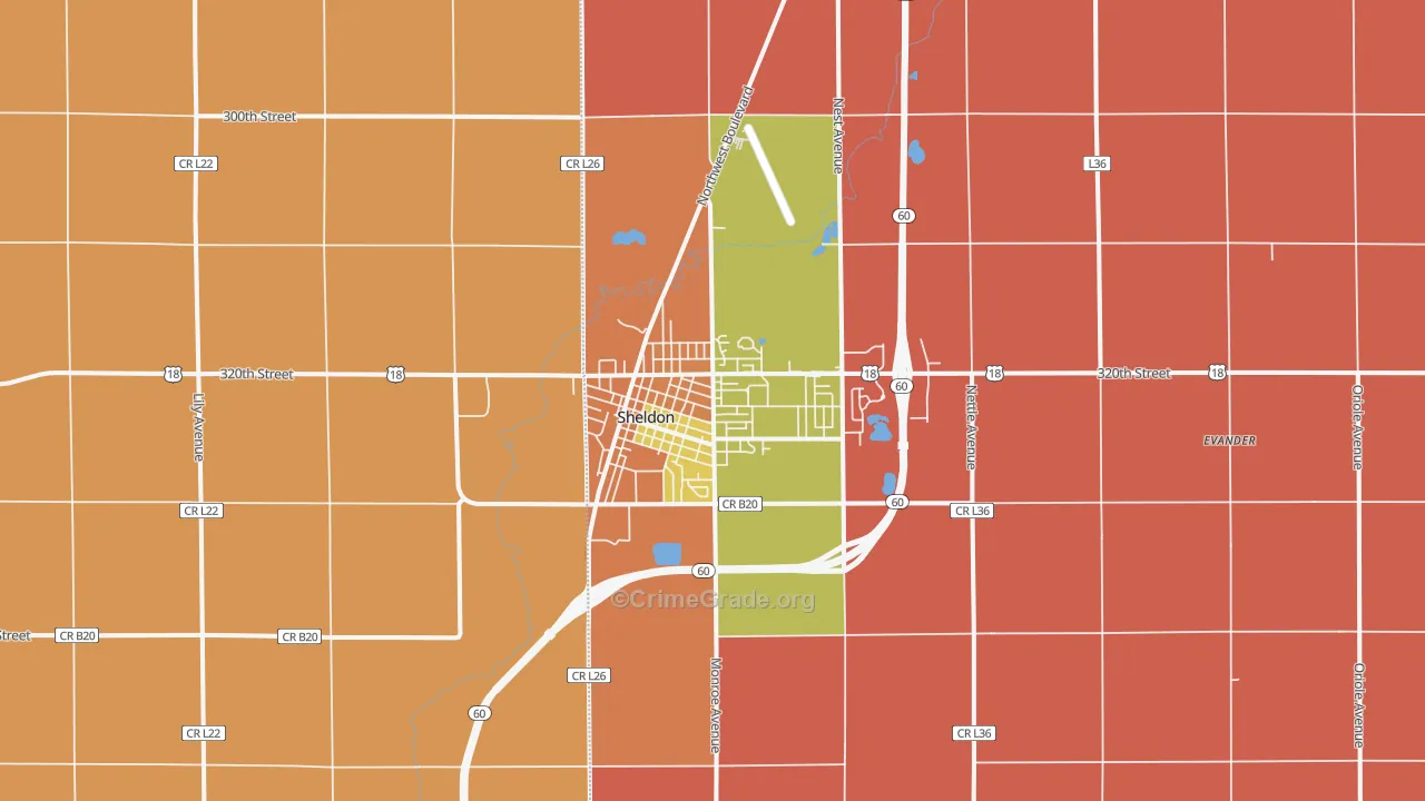 Sheldon, IA Map of Robbery Rates