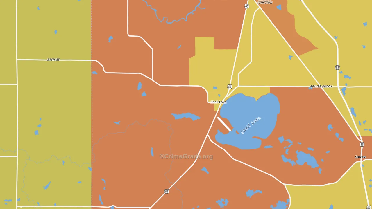 Shell Lake, WI Map of Robbery Rates