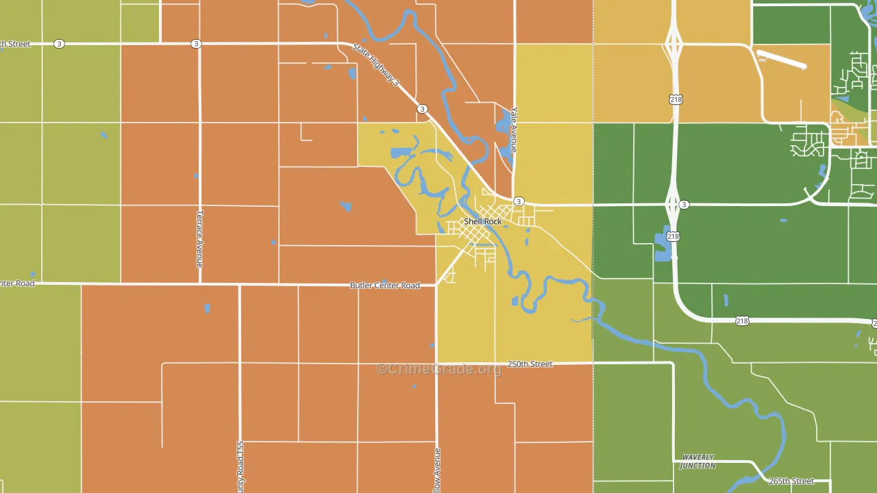 Shell Rock, IA Map of Robbery Rates