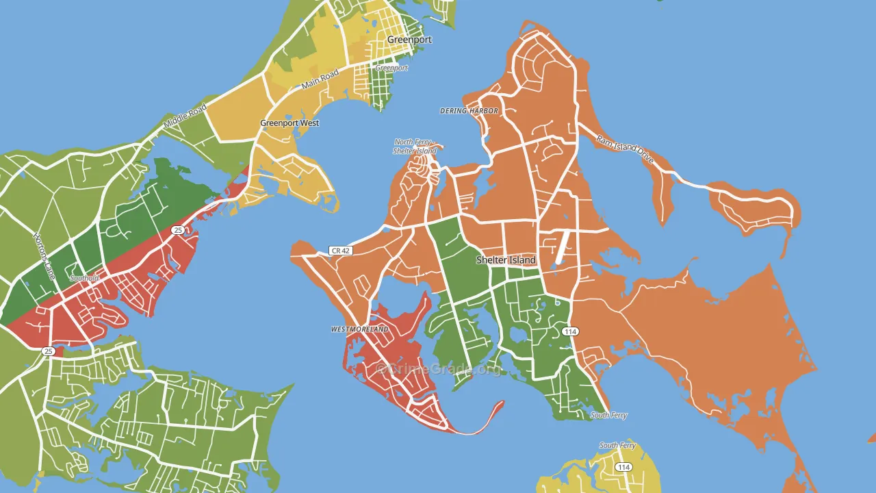 Shelter Island Heights, NY Map of Robbery Rates