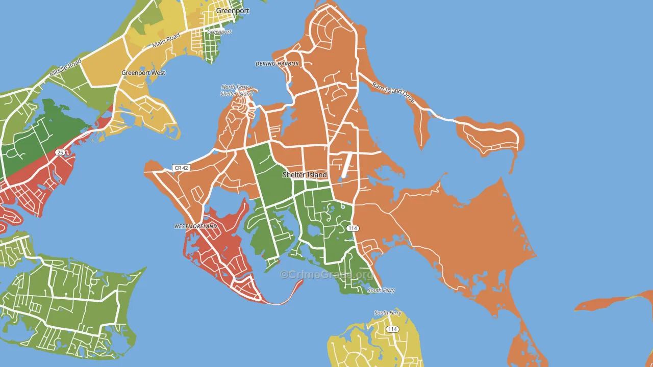 Shelter Island, NY Map of Robbery Rates