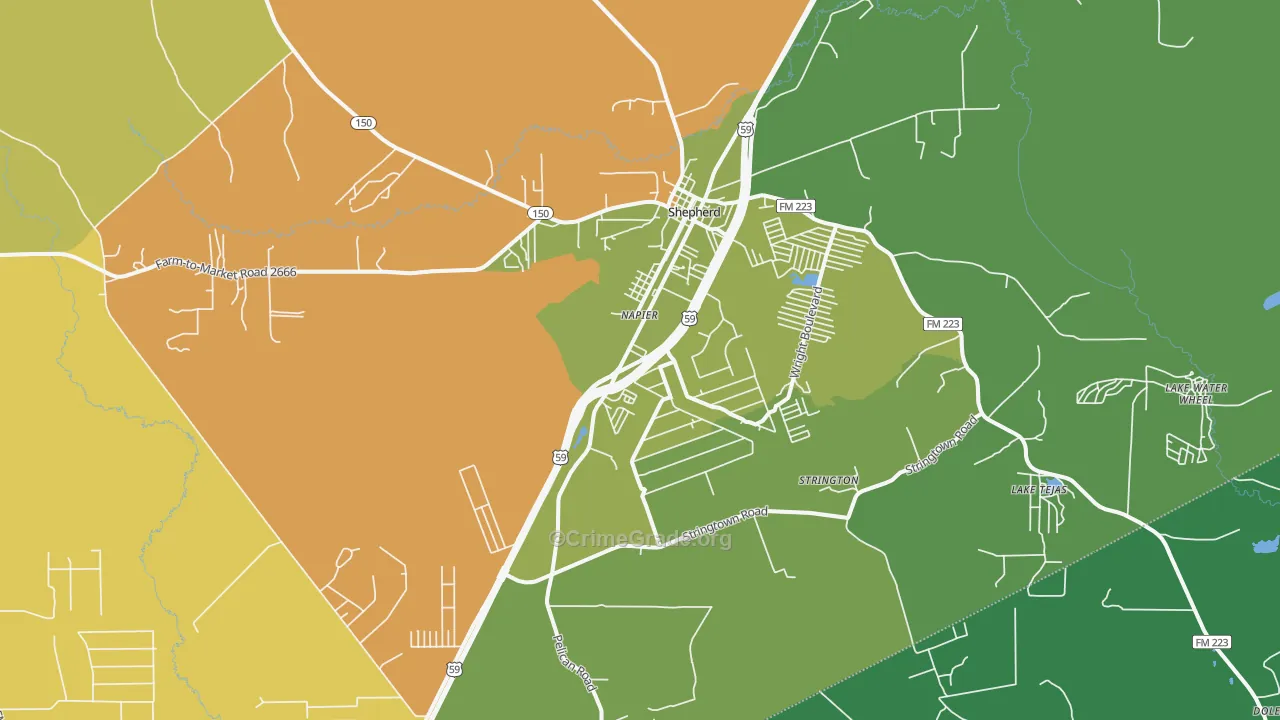 Shepherd, TX Map of Robbery Rates