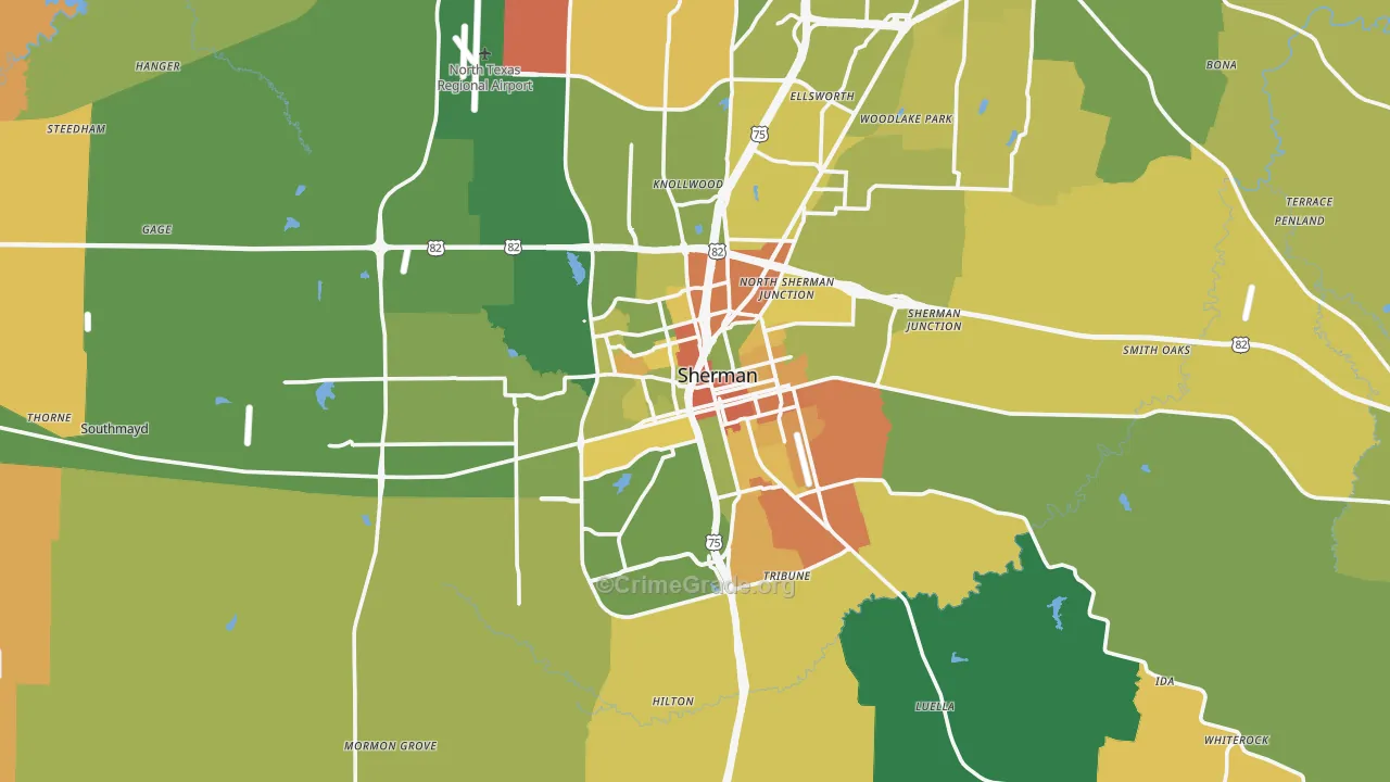 Sherman, TX Map of Robbery Rates