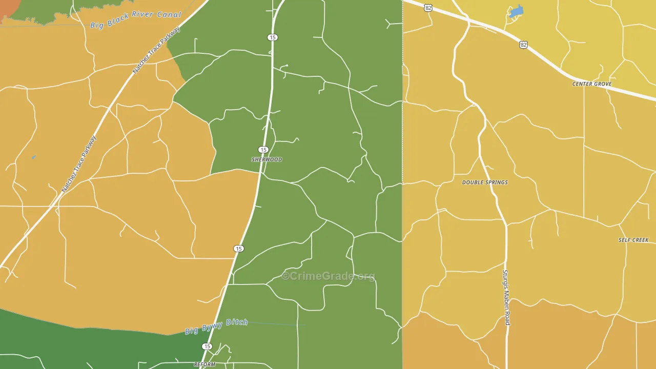 Sherwood, MS Map of Robbery Rates