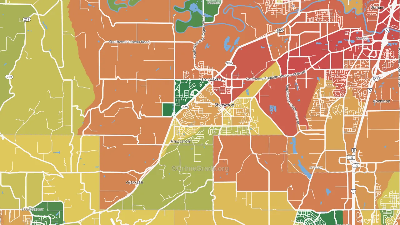Sherwood, OR Map of Robbery Rates