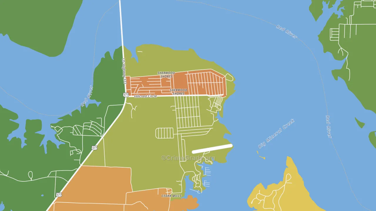 Sherwood Shores, TX Map of Robbery Rates
