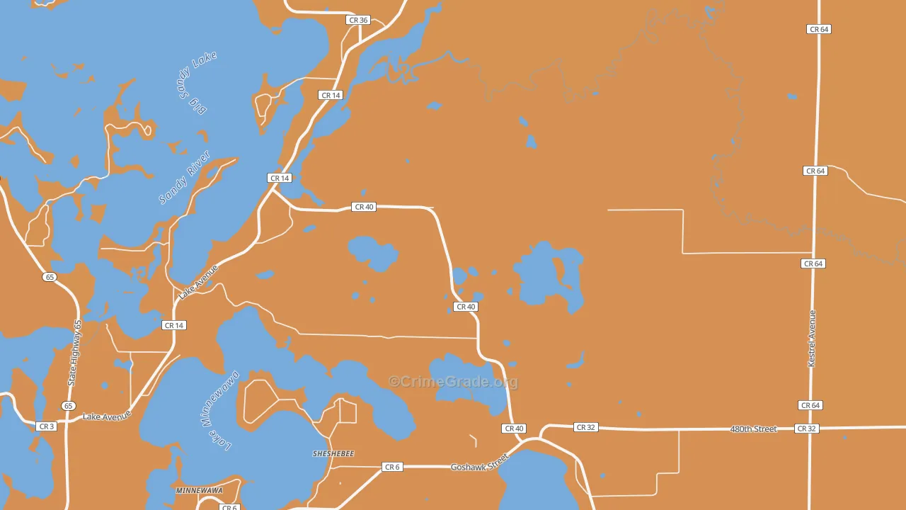 Sheshebee, MN Map of Robbery Rates