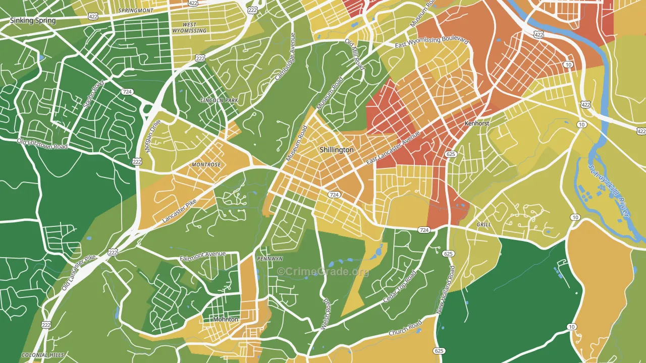 Shillington, PA Map of Robbery Rates
