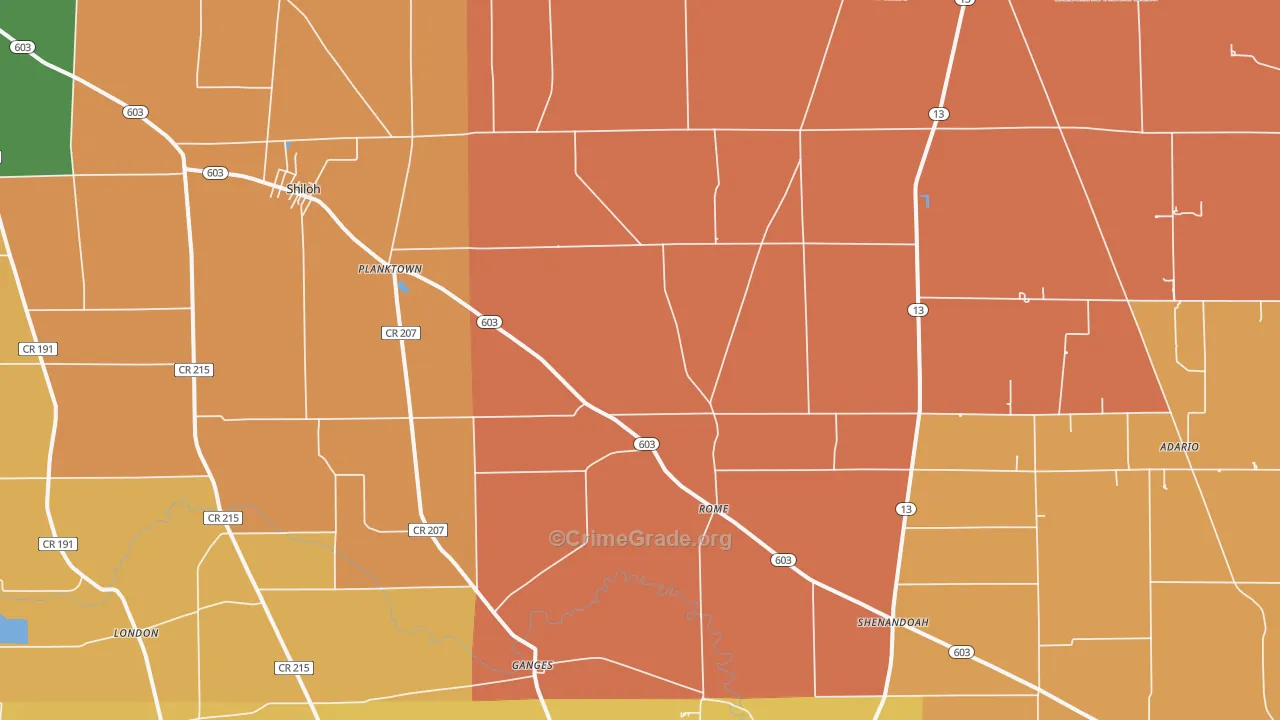 Shiloh, OH Map of Robbery Rates