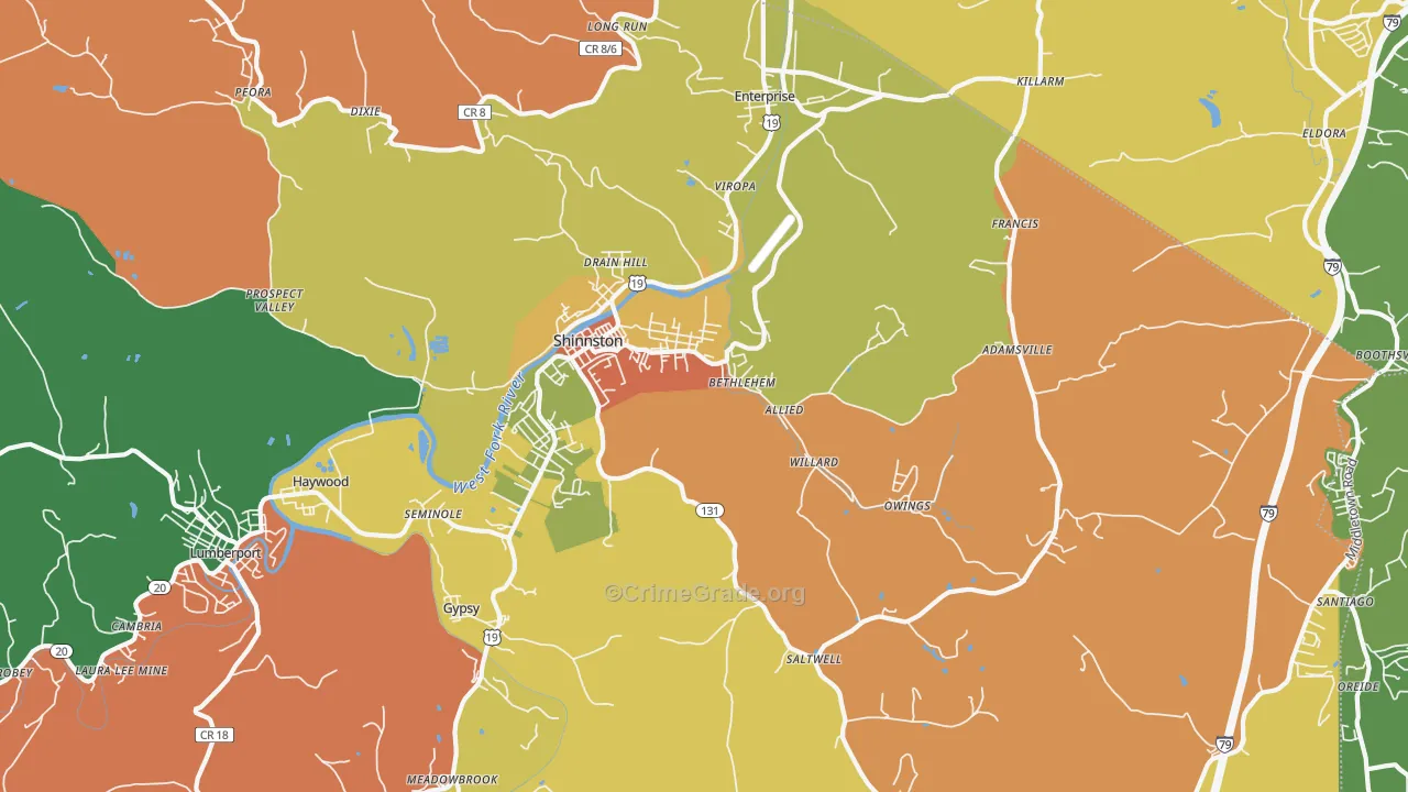 Shinnston, WV Map of Robbery Rates